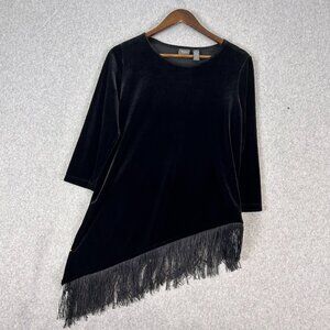 Chico's Travelers Collection Top Women 0 Black Velvet Fringe Asymmetrical VTG